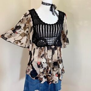 Y2K boho grunge witchy rockstar gf black lace crochet chiffon babydoll blouse S